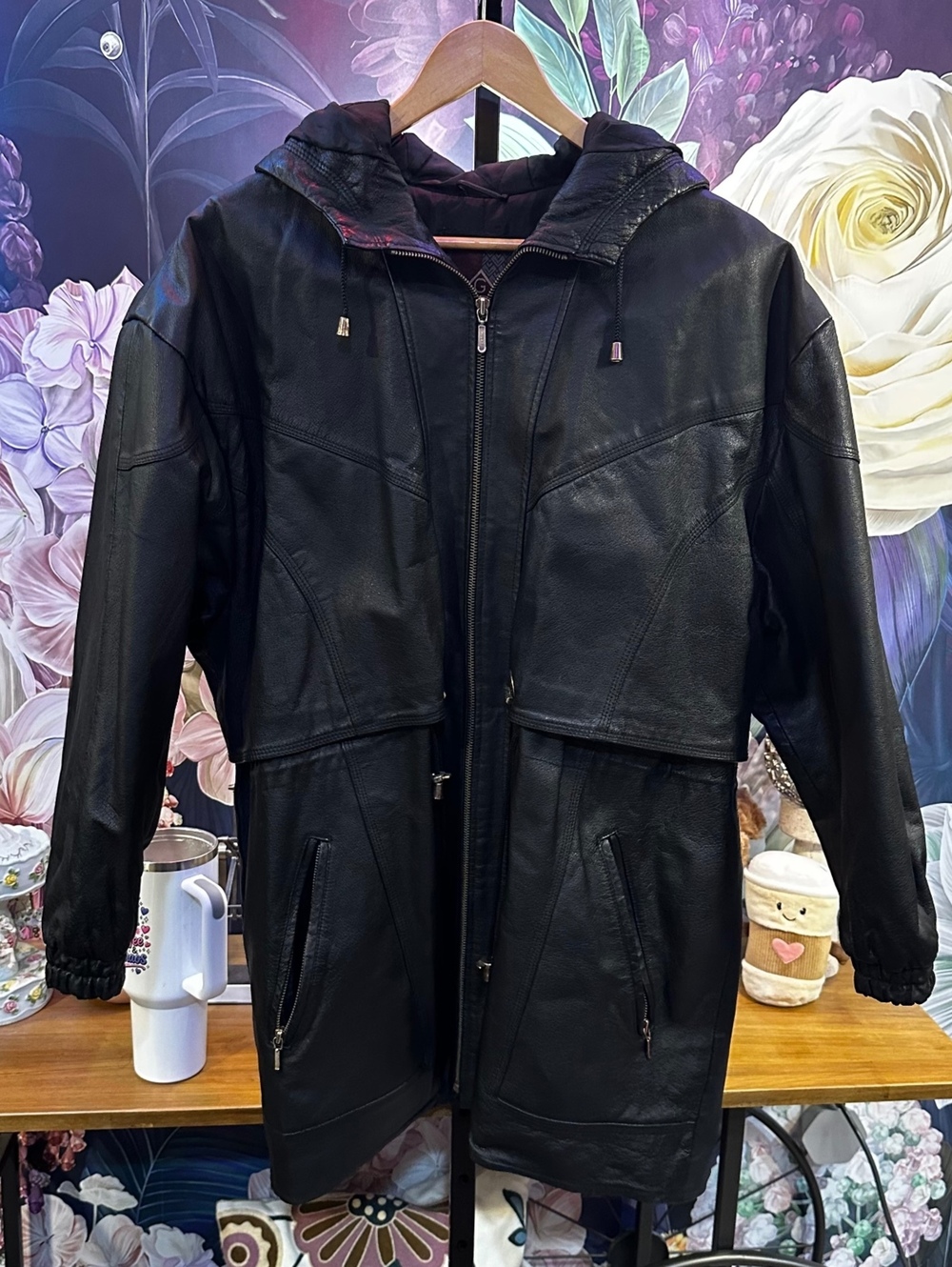 GIII 1X 100% Leather Hoodie Jacket Plus Size Zip Moto Utility Streetwear Coat